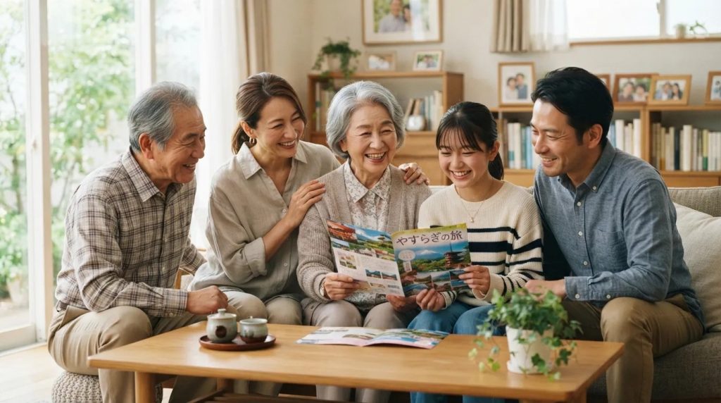 リビングで介護保険のパンフレットを広げて話し合う家族