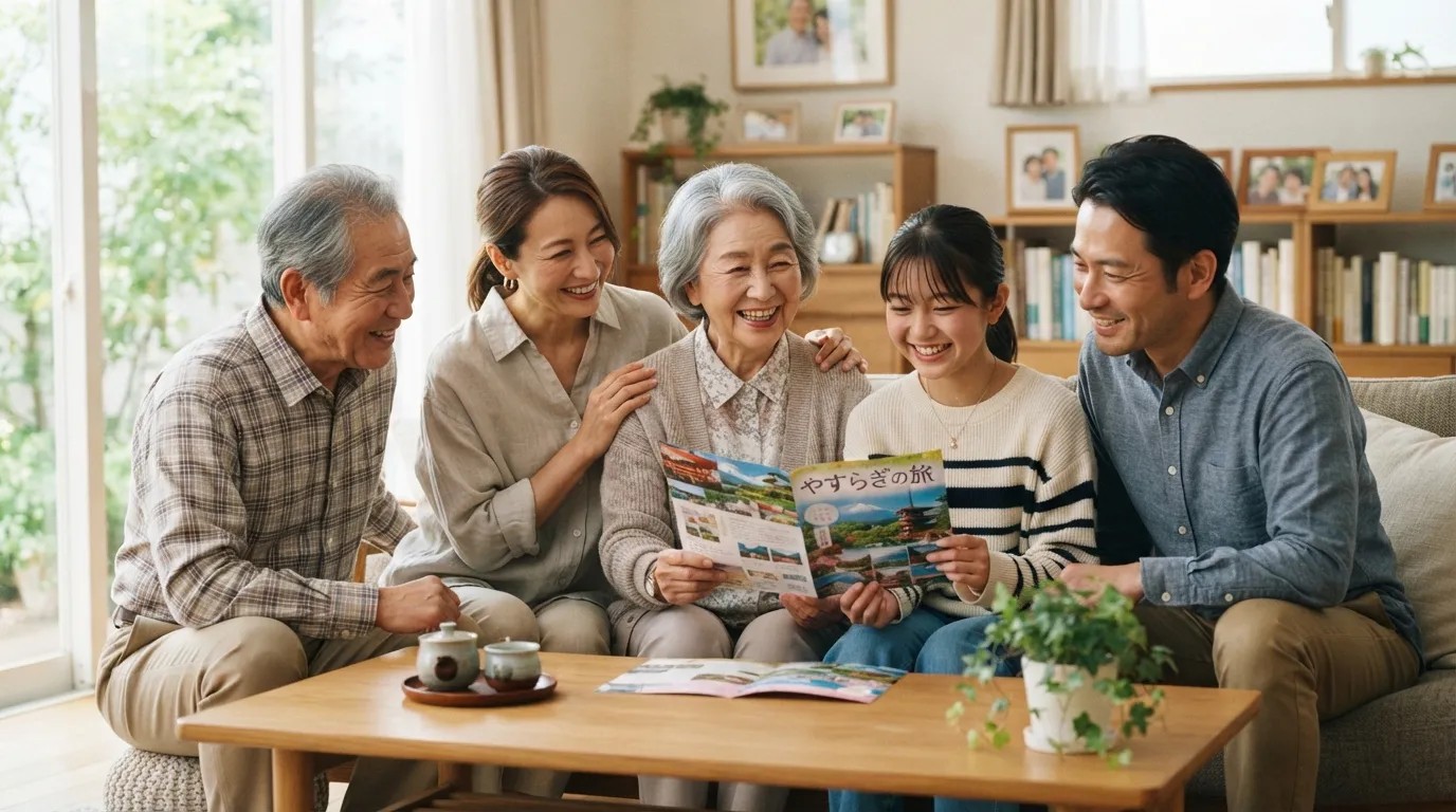 リビングで介護保険のパンフレットを広げて話し合う家族